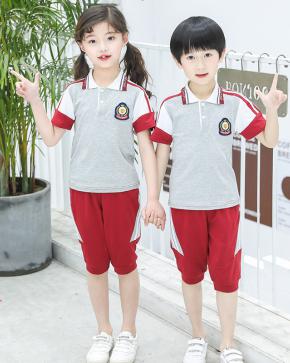 运动风纯棉立领拼色中小学生校服短袖套装 